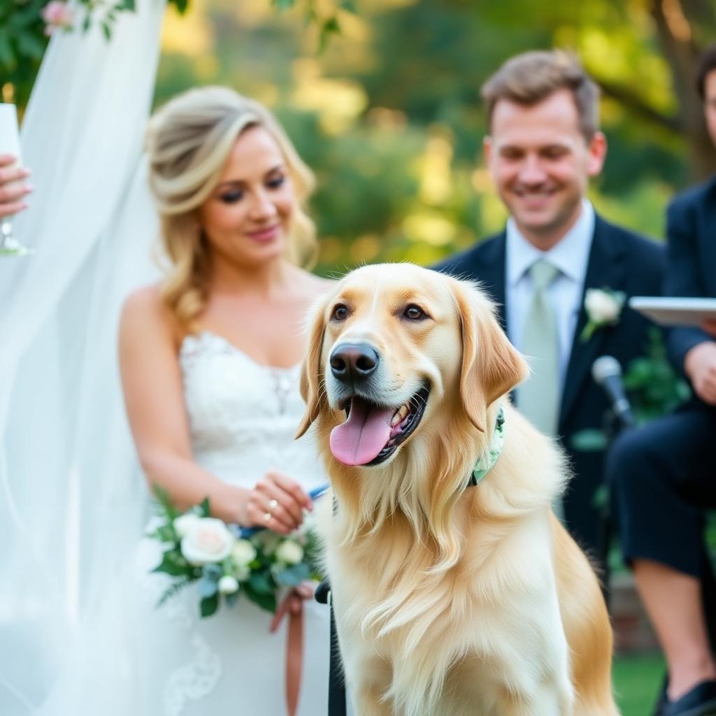 Sophie & Ethan with Biscuit on their wedding day